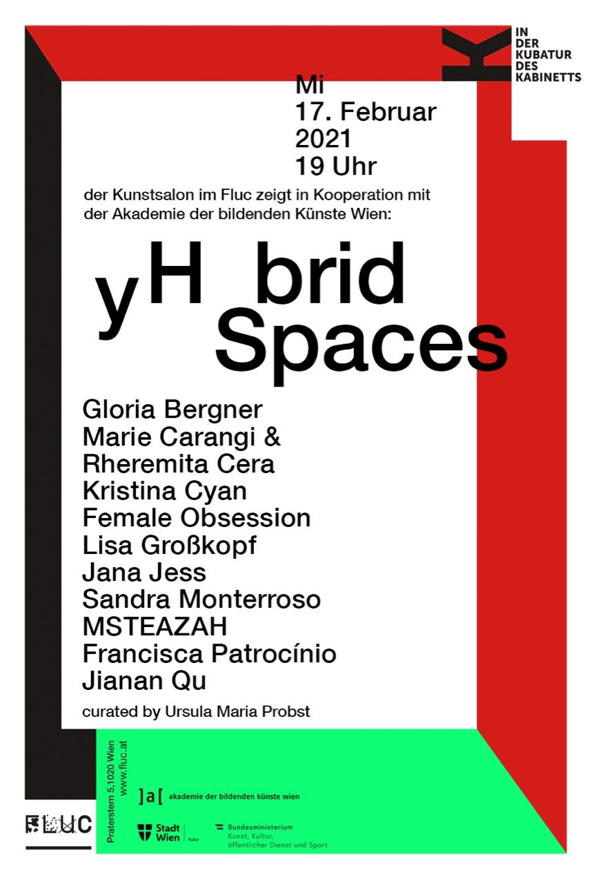 In der Kubatur des Kabinetts - der Kunstsalon im Kulturraum Fluc zeigt in Kooperation mit der Akademie der bildenden Künste Wien im Rahmen des Rundgangs 2021:
 
  yH brid Spaces
 
 mit Beiträgen von Gloria Bergner, Marie Carangi &amp; Rheremita Cera, Kristina Cyan, Female Obsession, Lisa Großkopf, Jana Jess, Sandra Monterroso, MSTEAZAH, Francisca Patrocínio und Jianan Qu. Kuratiert von Ursula Maria Probst.


 Außeninstallationen täglich 24 Stunden zugänglich