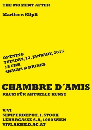 Eine Ausstellung des Fachbereichs Video und Videoinstallation am 
Institut für bildende Kunst im Rahmen von Chambre d'Amis – Raum für 
aktuelle Kunst von Marileen Kiipli.


 Snacks &amp; Drinks