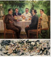 Aleksandr Gerasimov, Artists I. Brodsky, A Gerasimov, E. Katsman Visiting I.V. Stalin’s Dacha, 1951, Private Collection, Moscow. [TOP IMAGE] [br] Aleksandr Rodchenko, Expressive Rhythm, ca. 1943-44, State Museum of Contemporary Art, Costakis Collection, Thessaloniki, Greece. [BOTTOM IMAGE]