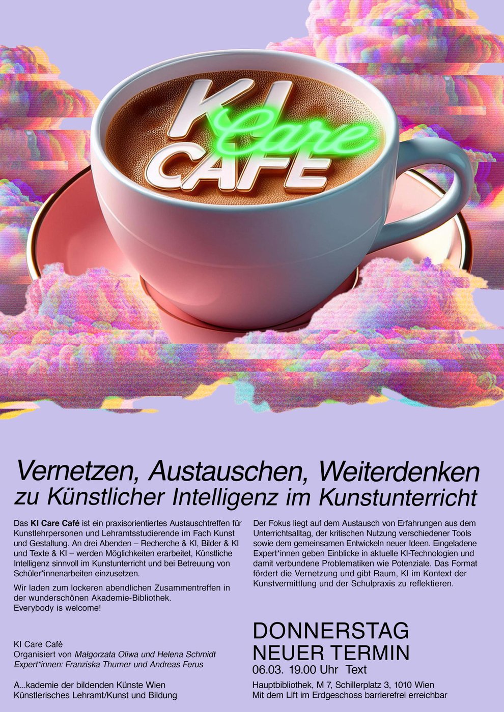 Plakat Kaffetasse auf pinker wolke mit neongrüner Schrift "KI Care Cafe"