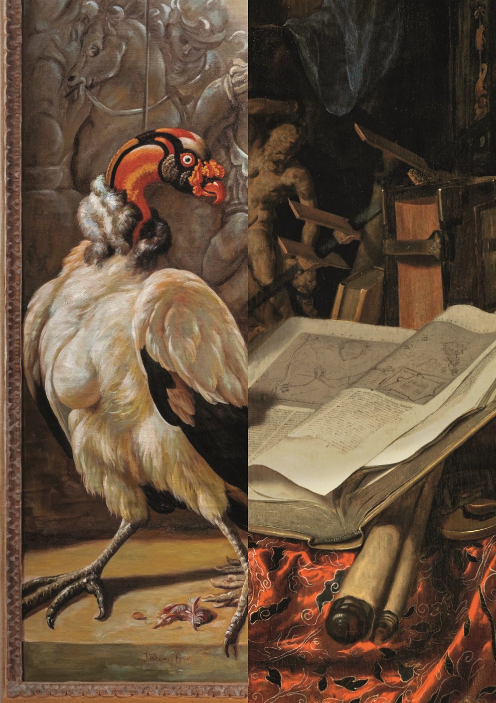 Motiv unter Verwendung von Werkausschnitten von Willem de Rooij, [em]Documentation of Jan Weenix’[/em] Südamerikanischer Königsgeier [em](1700) from the collection of the Kunsthistorisches Museum Wien by anonymous photographer, painted by Yaohui Zhu and team for Yunxi Art Studio, Dafen, 2022[/em] © Willem de Rooij, Foto: Mathias Völzke; Jan van der Heyden, [em]Stillleben mit Globus, Büchern und chinesischem Seidenstoff[/em], ca. 1669 © Gemäldegalerie der Akademie der bildenden Künste Wien