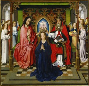 Eine Frau in einem blauen Kleid wird von zwei Männern vor sechs Engeln gekrönt.
