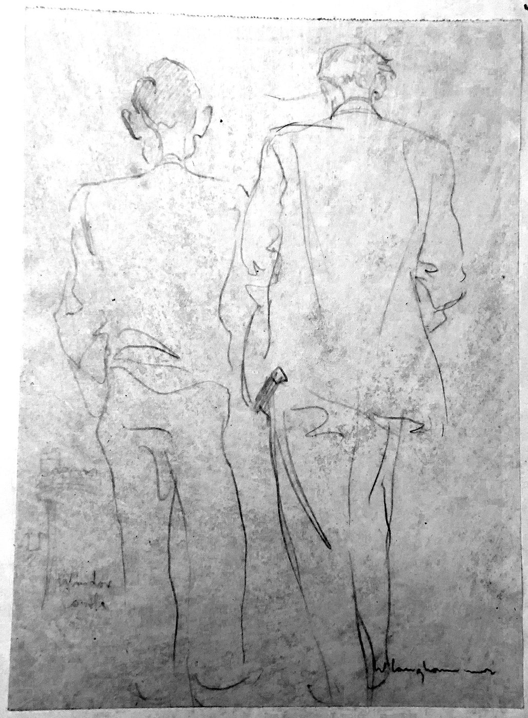Die hochformatige Zeichnung zeigt in Rückenansicht zwei stehende Männer in legeren Anzügen, der rechte ist größer.
