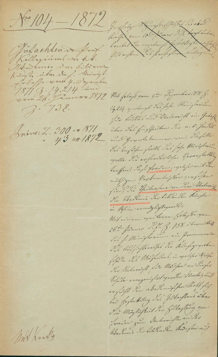 Zahlreiche Dokumente im Universitätsarchiv belegen die zunächst ablehnende Haltung der Akademie der bildenden Künste Wien gegenüber der Zulassung von Frauen zum Studium. Das erste Dokument stammt aus dem Jahr 1872.