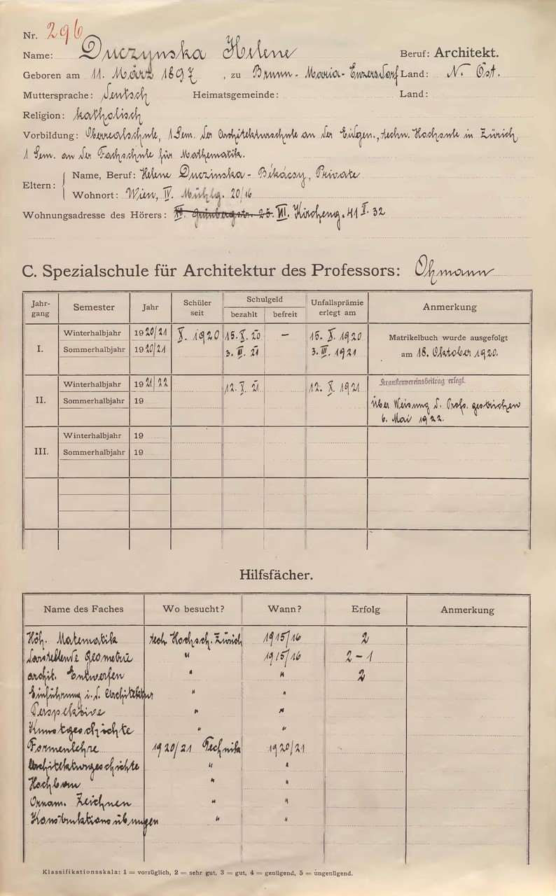 Studienakt, Doppelbogen, Vordruck im Folioformat der Architekturschule, 1. Seite mit den Stammdaten und Studiendaten von Helene Duczynska, die Einträge in Handschrift mit schwarzer Tinte, die Registriernummer 296 in roter Tinte