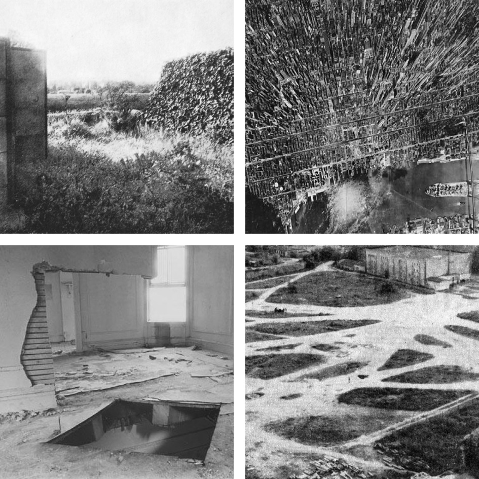 1) Le Corbusier, Report über einen Dachgarten, 1944
2) Andreas Feininger, Aerial View of New York, 1950
3) Gordon Matta-Clark, Bronx Floors: Floor Above, Ceiling Below, 1972
4) Berlin, Anhalter Bahnhof, ca. 1977