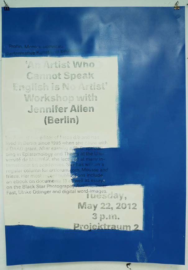 Workshop mit Jennifer Allen veranstaltet vom Institut für bildende Kunst, Performative Kunst und Bildhauerei, Profin. Monica Bonvicini.