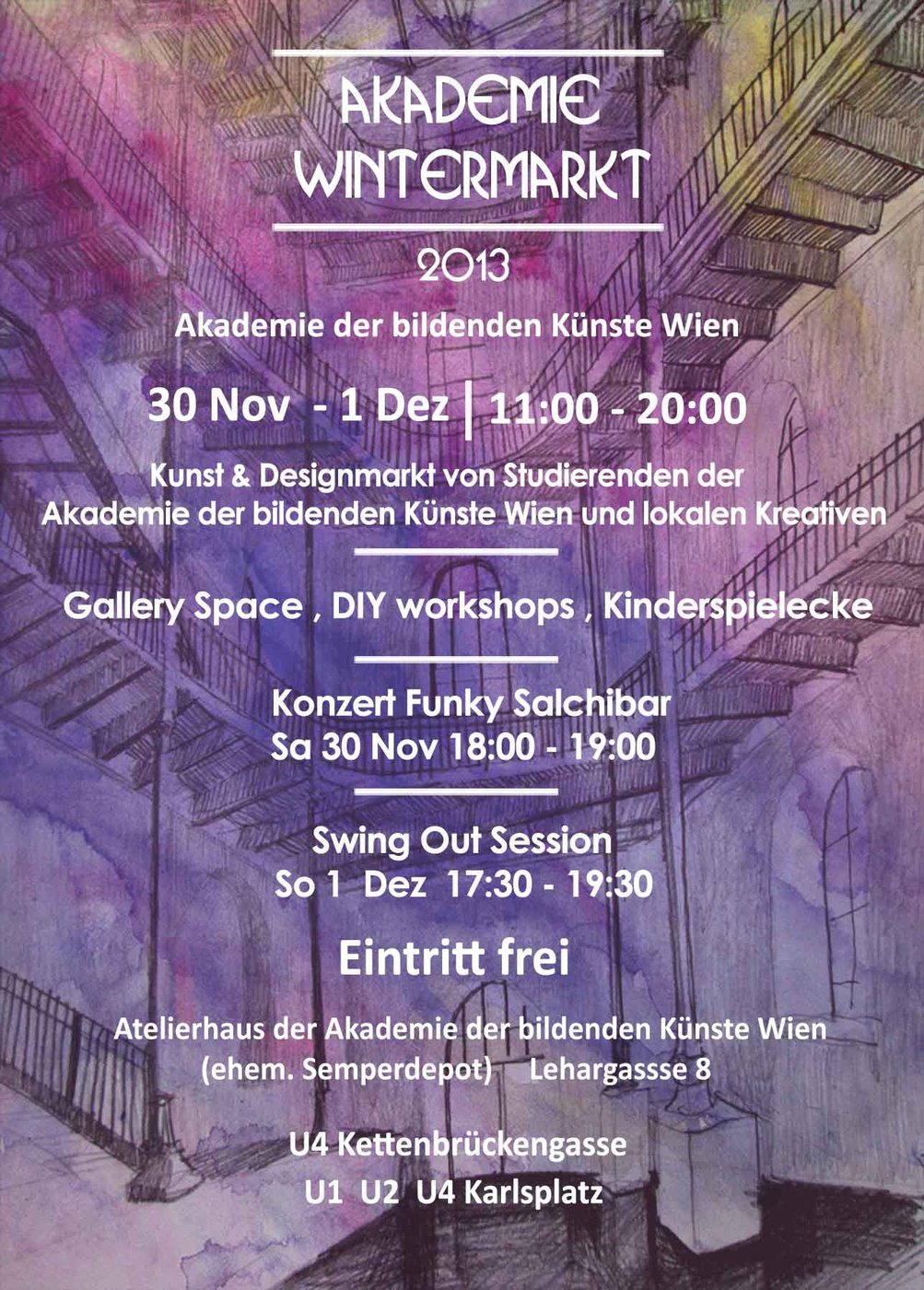 Auch in diesem Jahr öffnet das Atelierhaus der Akademie der bildenden Künste Wien wieder seine Pforten für den Akademie Wintermarkt! Studierende der Akademie der bildenden Künste Wien sowie lokale Kreative bieten ihre selbstentworfenen und in Handarbeit hergestellten Arbeiten an.
 
 Der Eintritt ist frei!