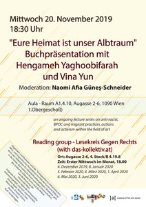 Buchpräsentation mit anschließendem Gespräch im Rahmen der
 
  Vortragsreihe
  
   Vorträge zu antirassistischen, BPoC und migrantischen Perspektiven aus Kunst und Bildung