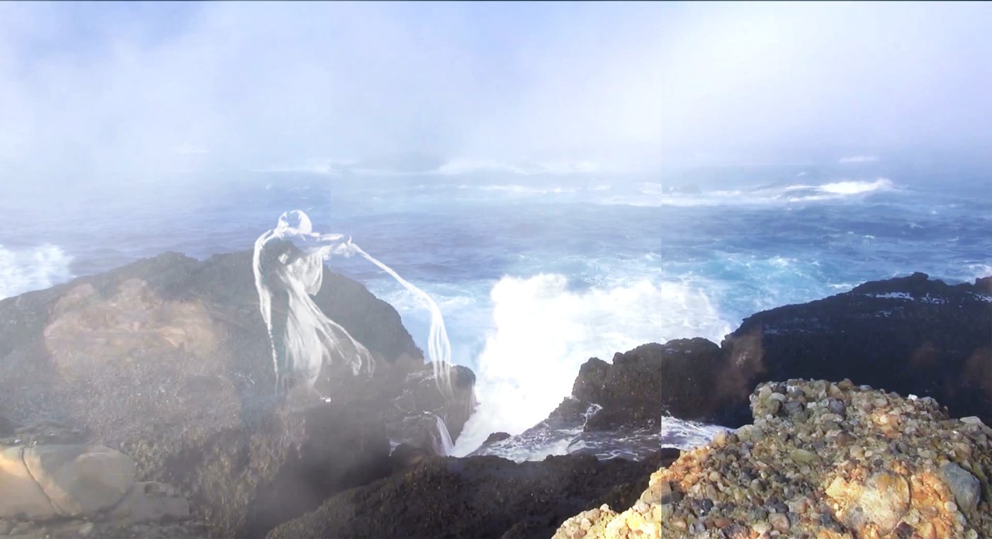 Drawing of a female body bending backwards and blending with rocks, waves and the sea.