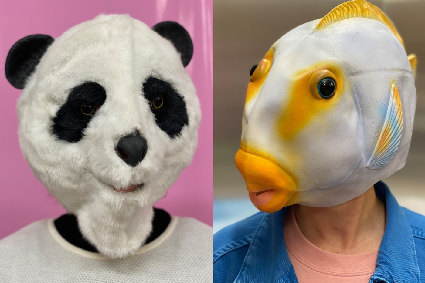 Two people with one fish and one bear mask