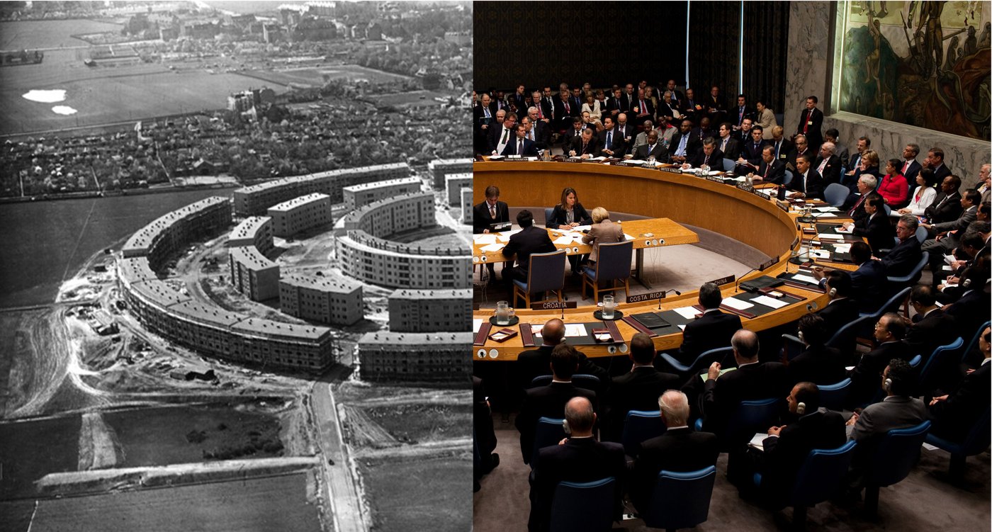 Anna Artaker and Meike S. Gleim, Montage of pictures for the ATLAS OF ARCADIA

Left / Rundling housing area in the district of Lößnig, Leipzig, built 1929–1930, architect: Hubert Ritter; photograph: LeipzigInfo.de, 1930.

Right / Meeting of the United Nations Security Council at the UN headquarters in New York, September 24, 2009; photograph: Pete Souza, The Official White House Photostream.