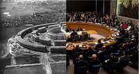 Anna Artaker and Meike S. Gleim, Montage of pictures for the ATLAS OF ARCADIA

Left / Rundling housing area in the district of Lößnig, Leipzig, built 1929–1930, architect: Hubert Ritter; photograph: LeipzigInfo.de, 1930.

Right / Meeting of the United Nations Security Council at the UN headquarters in New York, September 24, 2009; photograph: Pete Souza, The Official White House Photostream.