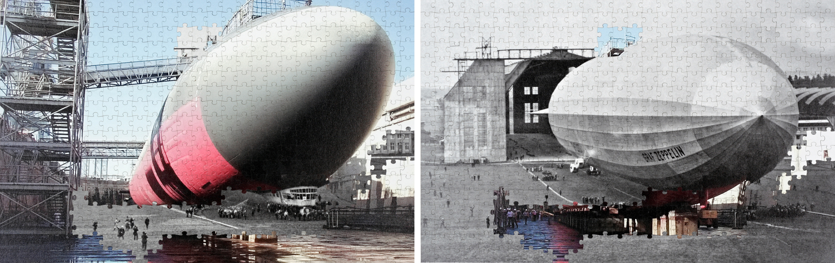 Anna Artaker and Meike S. Gleim, from the series PENDANTS for the ATLAS OF ARCADIA, 2012–2015
Left: The nuclear-powered submarine USS Greeneville in the Pearl Harbor Naval Shipyard’s dry dock, Pearl Harbor, Hawaii/USA; photograph: DoD photo, commons.wikimedia.org, February 2001. 
Right: Airship LZ-127 Graf Zeppelin before its first flight on September 18, 1928; photograph: onlyhdwallpapers.com.