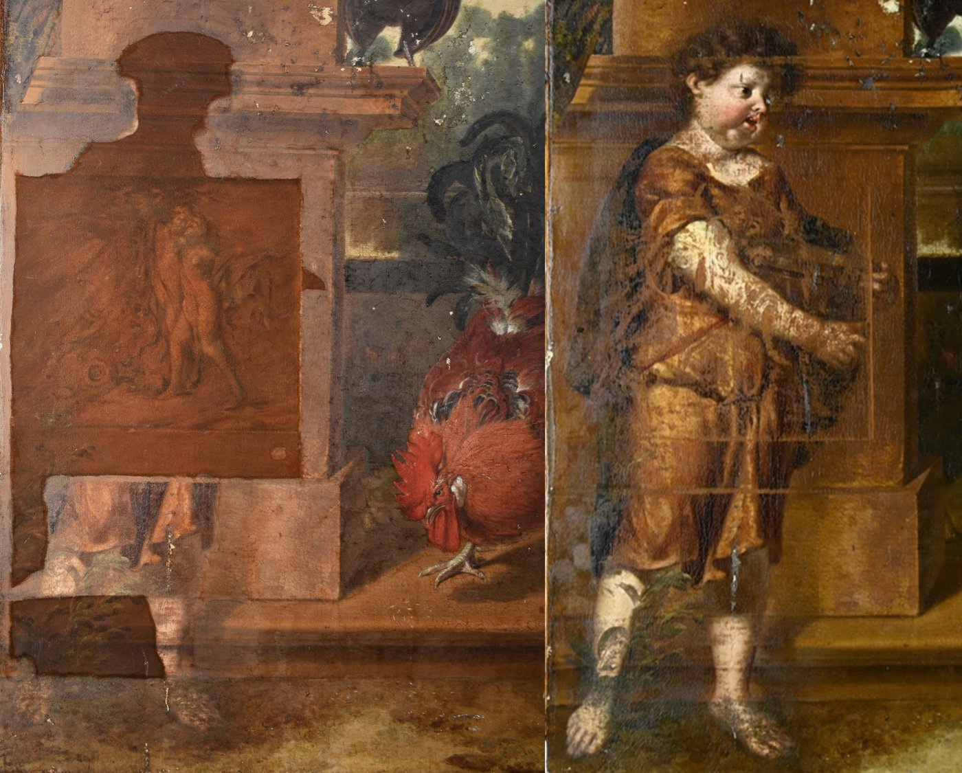 Follower of Melchior d'Hondecoeter (previously attributed to Melchior d’ Hondecoeter), [em]Poultry in a Park at a Country House[/em], early 18th century ©️ Cultural Heritage Agency of The Netherlands[br] Left (detail): Remnants of early overpaint showing a relief of Apollo and Daphne (during treatment)[br] Right (detail): Later overpaint showing a relief of Apollo and Daphne (during treatment)[/br]