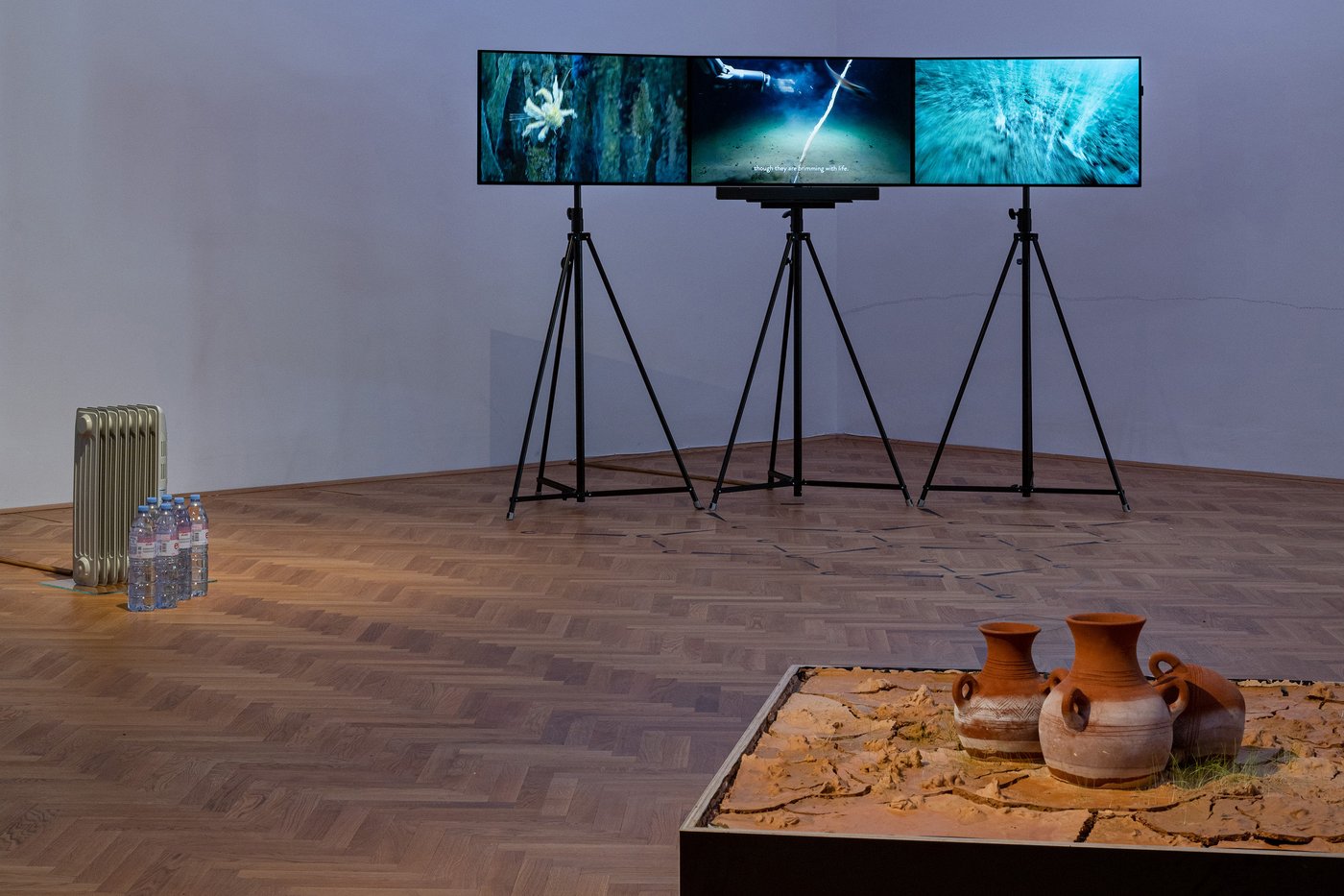 View of The Taste of Water. Group Show of PhD in Practice, works shown in image by Angela Anderson, Berhanu Ashagrie Deribew and Francis Whorrall-Campbell, exhibit Gallery Vienna Photo: Simon Veres)