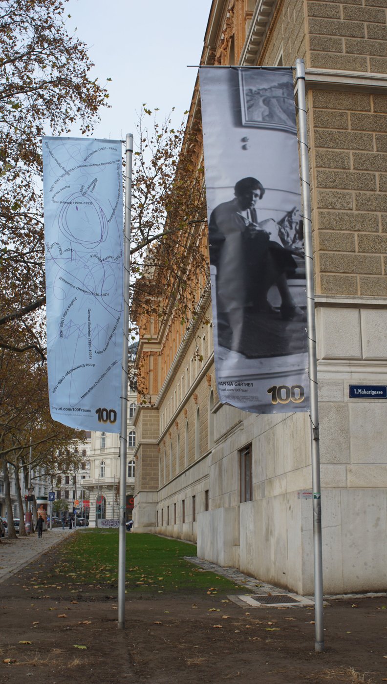 With these three flags we commemorate the pioneer women of art studies at the Academy and give them a place in our collective memory. The exhibition was conceived by Ingrid Schacherl, Coordination Office for the Advancement of Women I Gender Studies I Diversity, and the artistic design by Vitória Monteiro(1).